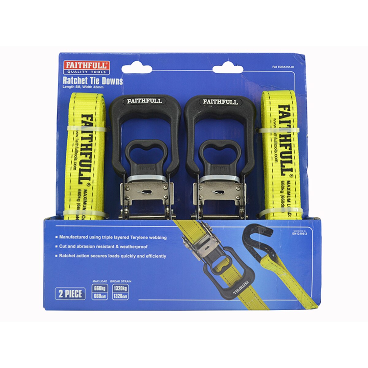 Faithfull Ratchet Tie-Downs J-Hook 5m x 32mm Breaking Strain 1320kg/daN 2 Piece - FAITDRAT51JH - Image 3