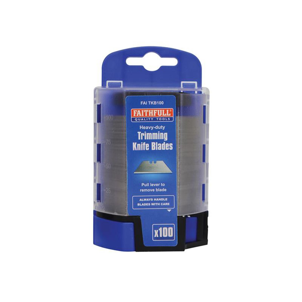 Faithfull Heavy-Duty Trimming Knife Blades (Box 100) in safe storage dispenser - FAITKB100 - Image 1