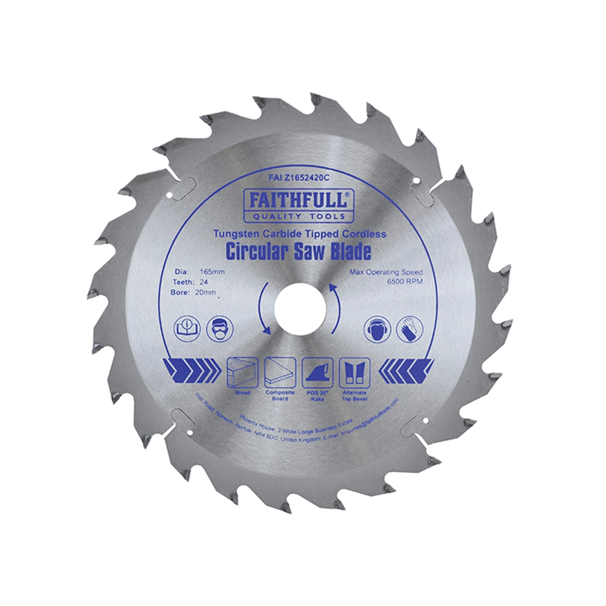 Faithfull TCT Cordless Trimsaw Blade 165 x 20mm x 24T POS - FAIZ1652420C - Image 1