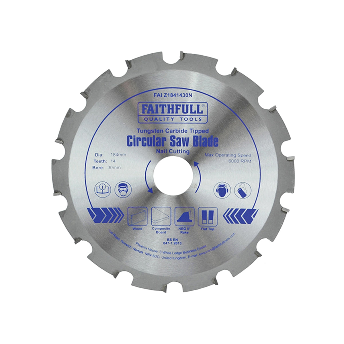 Faithfull TCT Circular Saw Blade Nail Cutting 184 x 30mm x 14T NEG - FAIZ1841430N - Image 1