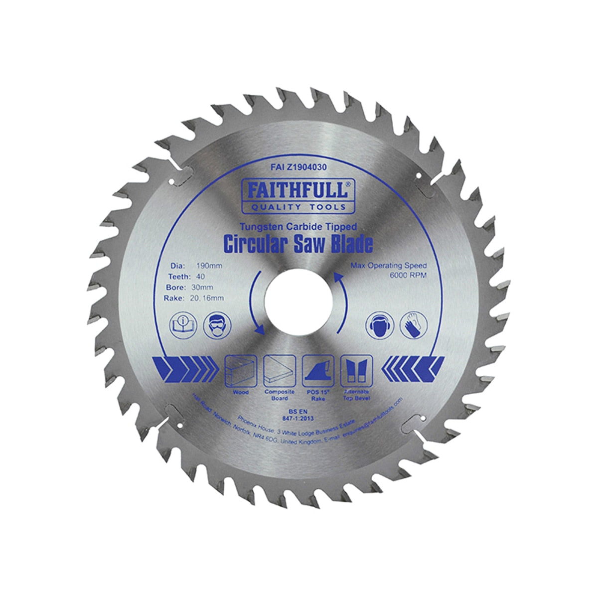 Faithfull TCT Circular Saw Blade 190 x 30mm x 40T POS - FAIZ1904030 - Image 1