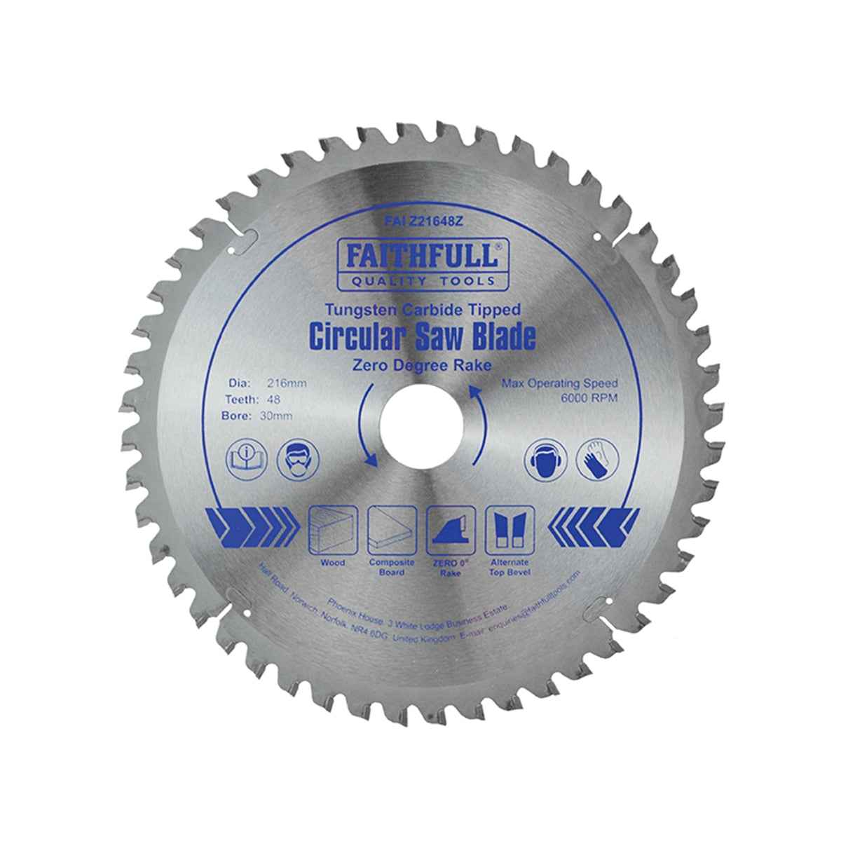 Faithfull TCT Circular Saw Blade Zero Degree 216 x 30mm x 48T - FAIZ21648Z - Image 1