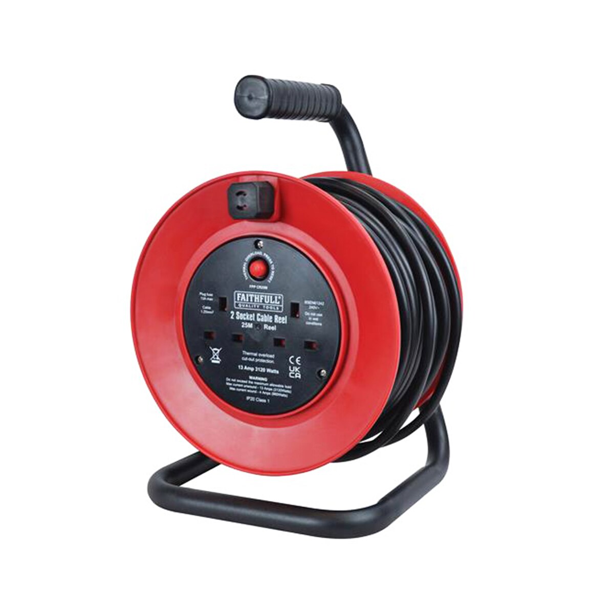 Faithfull Open Drum Cable Reel 240V 13A 2-Socket 25m - FPPCR25M - Image 1