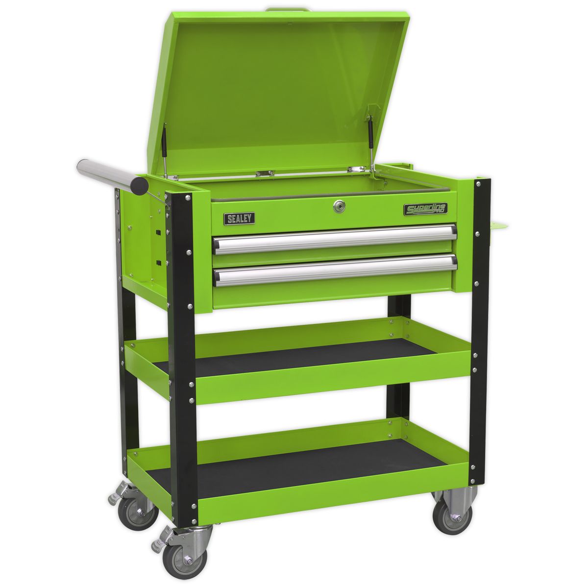 Sealey Heavy-Duty Mobile Tool & Parts Trolley 2 Drawers & Lockable Top Hi-Vis Green - Image 1