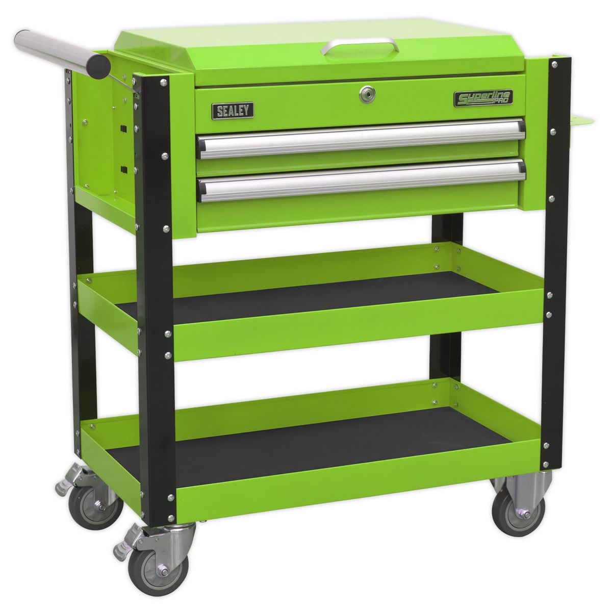 Sealey Heavy-Duty Mobile Tool & Parts Trolley 2 Drawers & Lockable Top Hi-Vis Green - Image 2