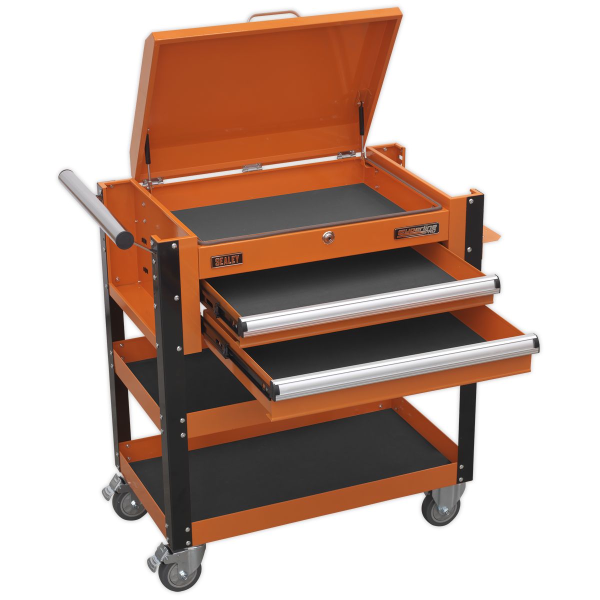 Sealey Heavy-Duty Mobile Tool & Parts Trolley 2 Drawers & Lockable Top Orange - Image 9