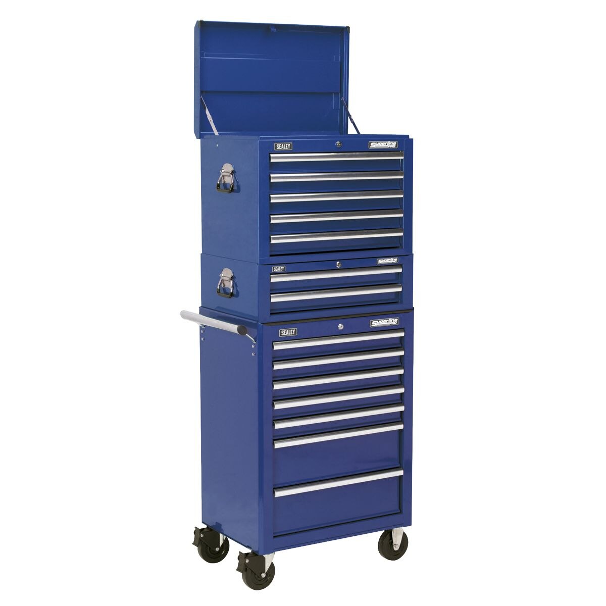 Sealey Topchest, Mid-Box & Rollcab Combination 14 Drawer with Ball-Bearing Slides Blue - Image 1