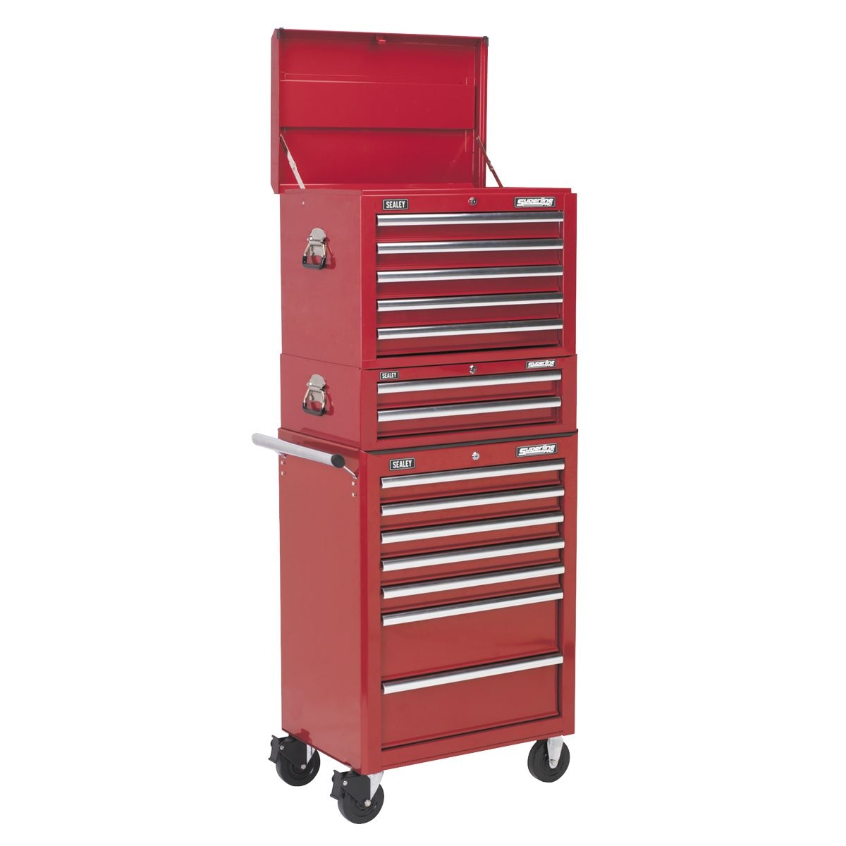 Sealey Topchest, Mid-Box & Rollcab Combination 14 Drawer with Ball-Bearing Slides Red - Image 1