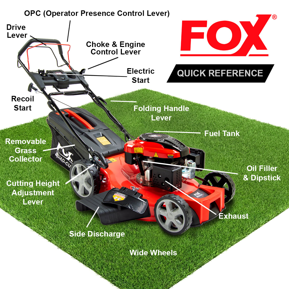 Fox Quad-Cut 560E 22" Electric Start Self Propelled Petrol Lawn Mower