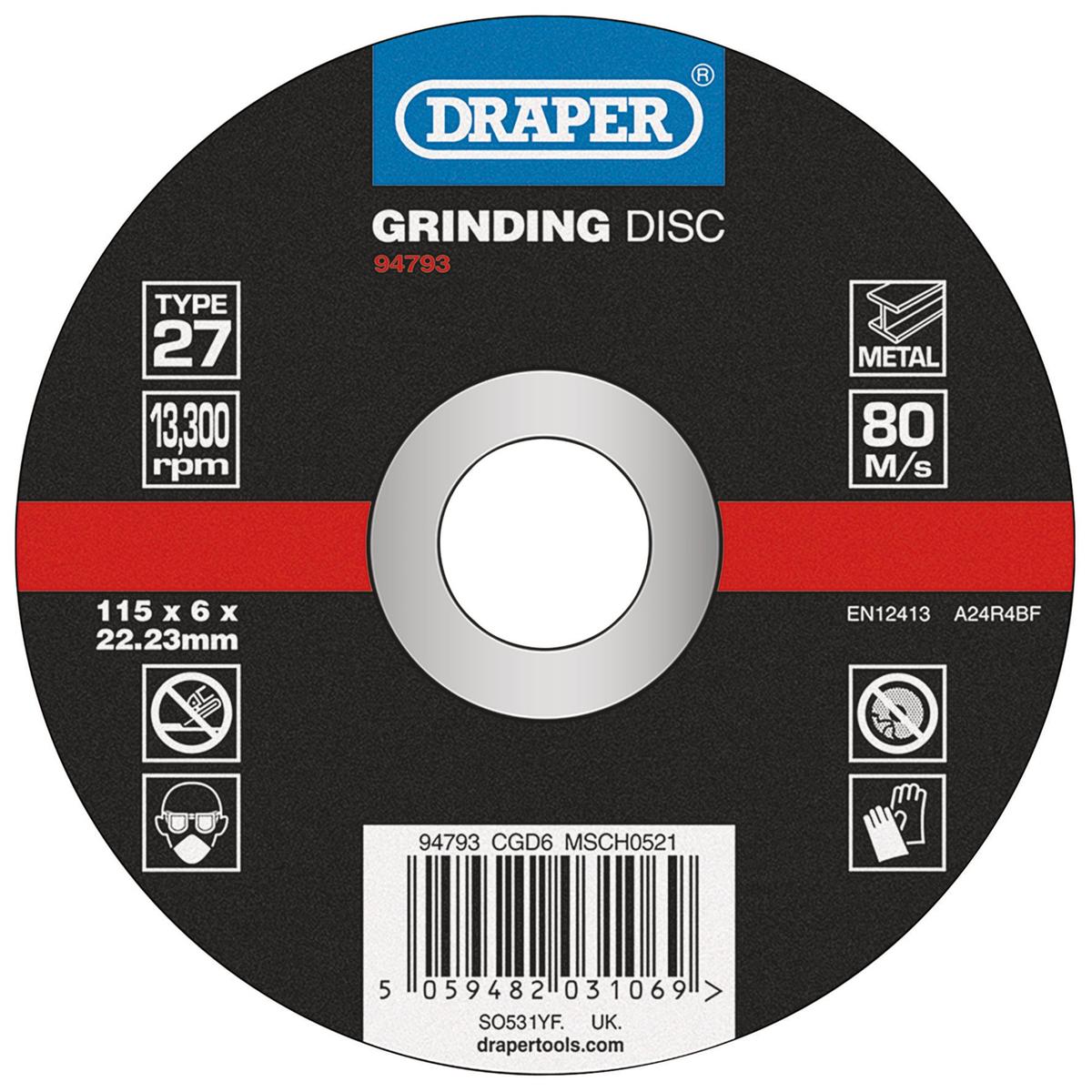 Draper DPC Metal Grinding Disc, 115 x 6 x 22.23mm - Image 1
