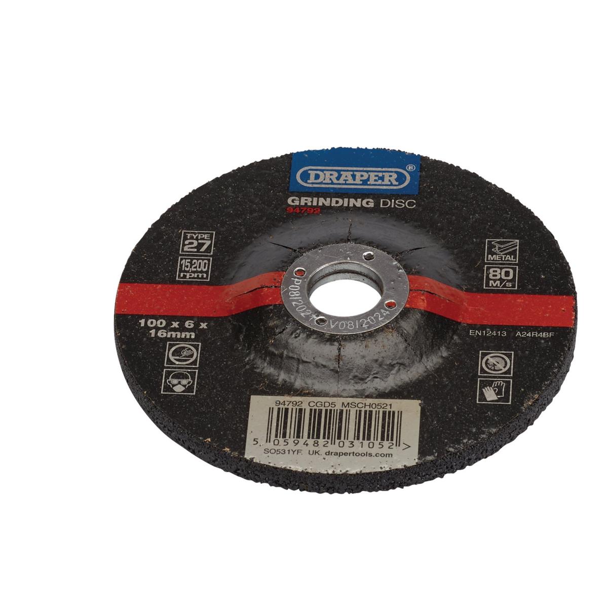 Draper DPC Metal Grinding Disc, 100 x 6 x 16mm - Image 1
