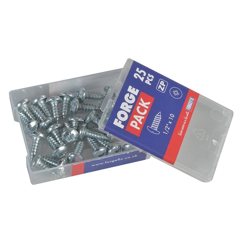 Forgefix Self-Tapping Screw Pozi Compatible Pan Head ZP 1/2in x 10 ForgePack 25 - FORFPS1210Z - Image 1
