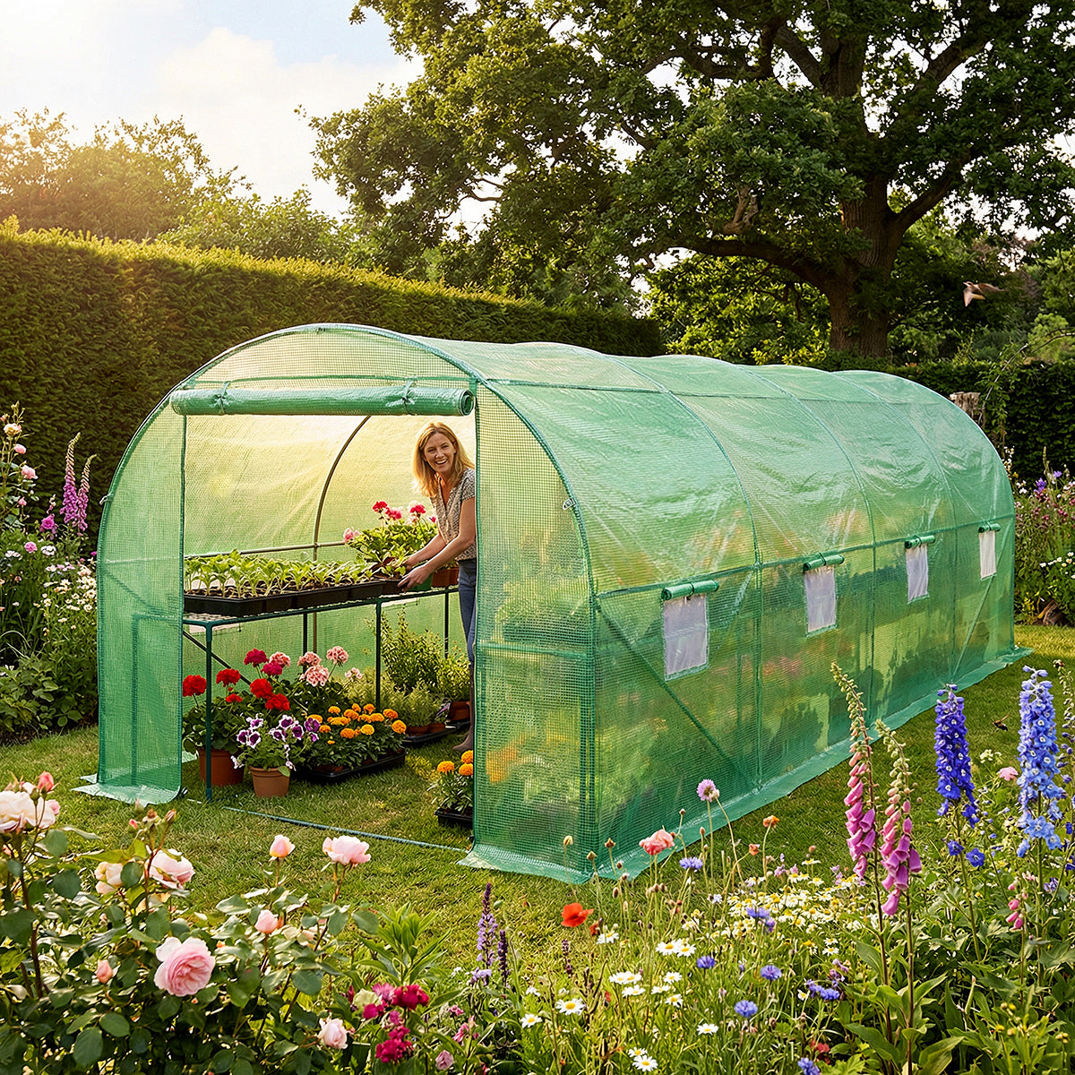 Wolf 4m x 3m Greenhouse Polytunnel Walk-In Garden Growhouse - Green