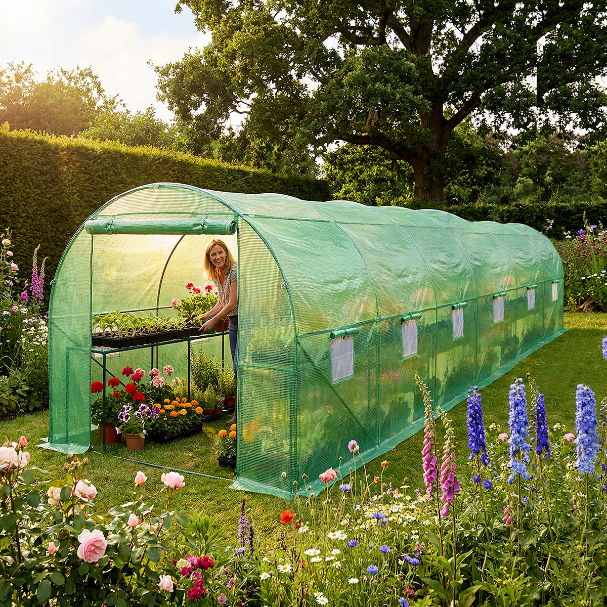 Wolf 6m x 3m Greenhouse Polytunnel Walk-In Garden Growhouse - Green