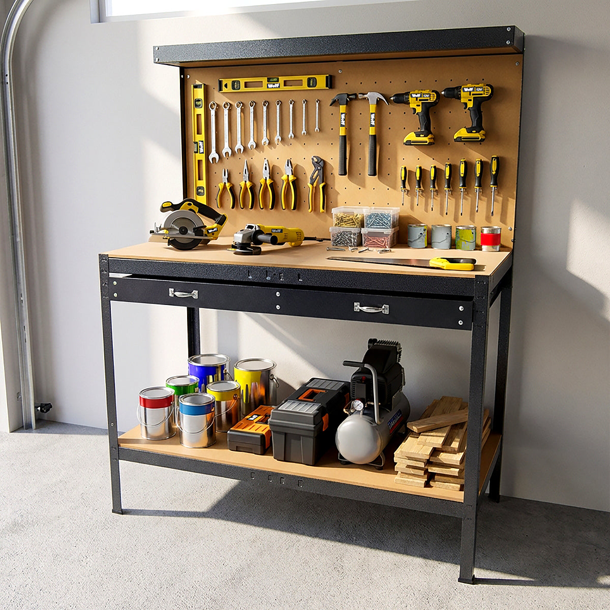 Wolf Heavy-Duty Workbench with Pegboard, Drawer & Shelf