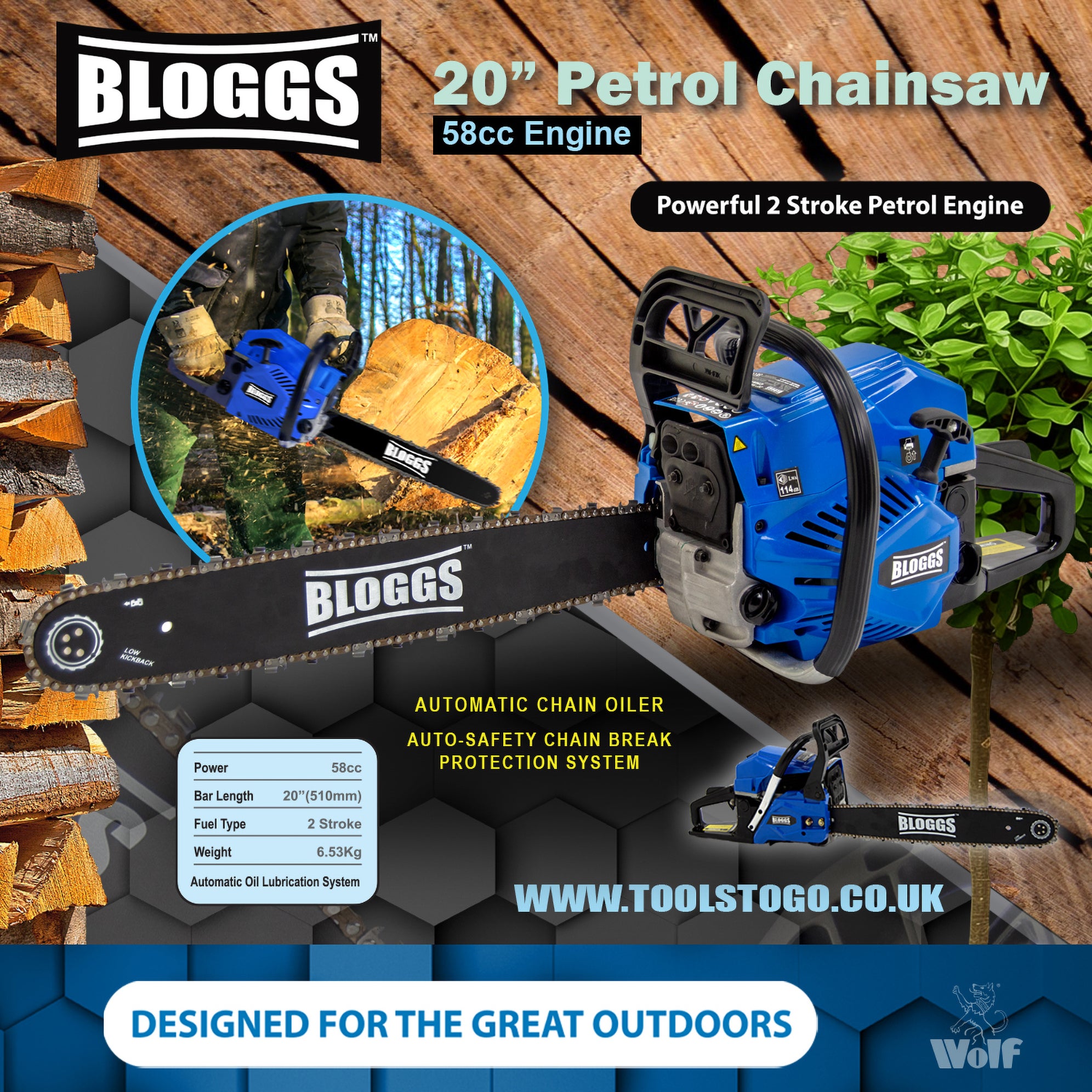 Bloggs 20'' Petrol Chainsaw 58cc with Easy Start