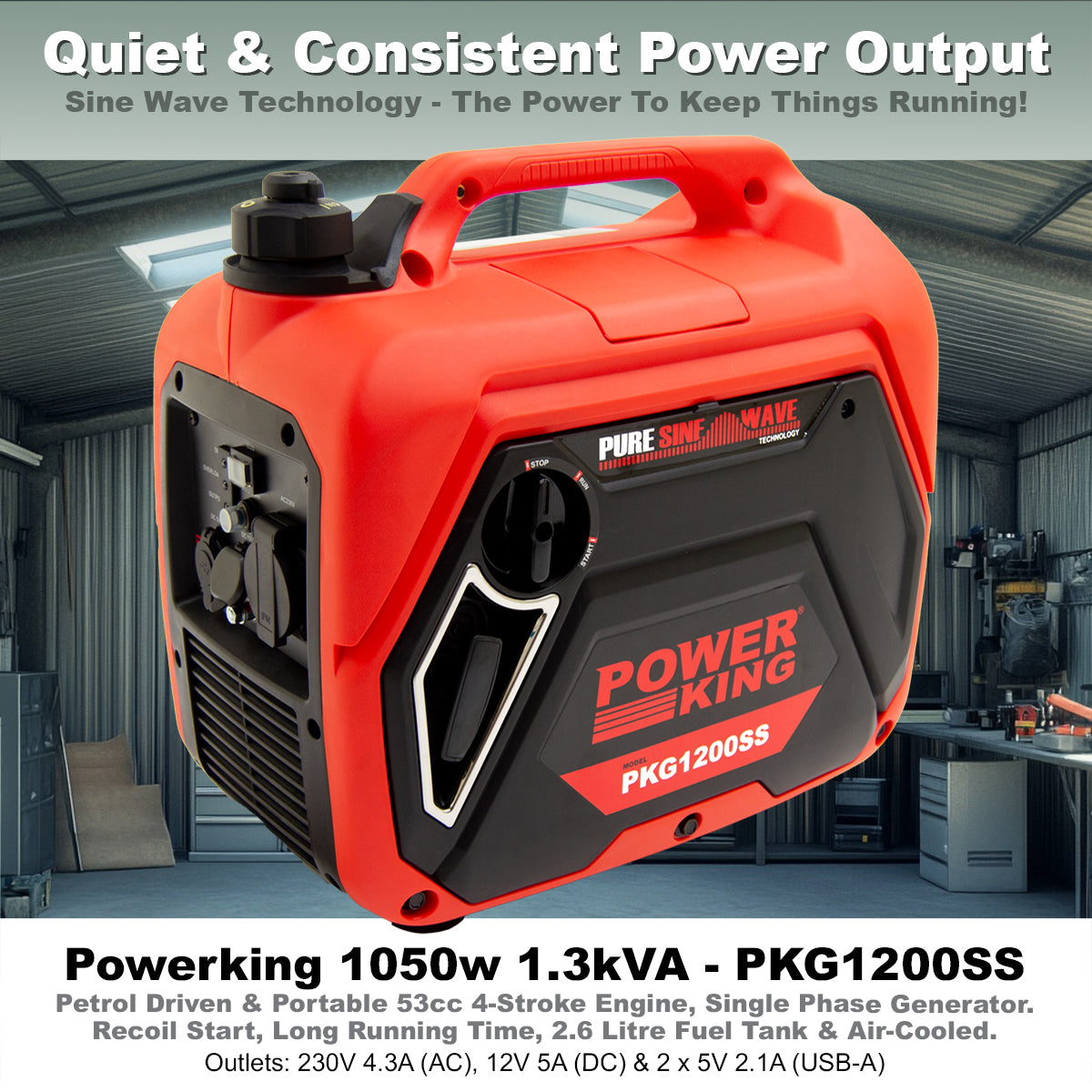 PowerKing 1050w 1.3kVA Silent Petrol Inverter Generator PKG1200SS