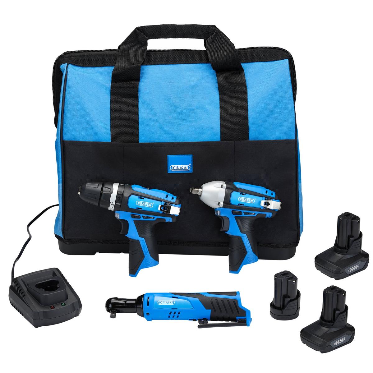 Draper 12V Drill Drive and Ratchet Interchange Kit, 2 x 4.0Ah Li-ion Batter - Image 1