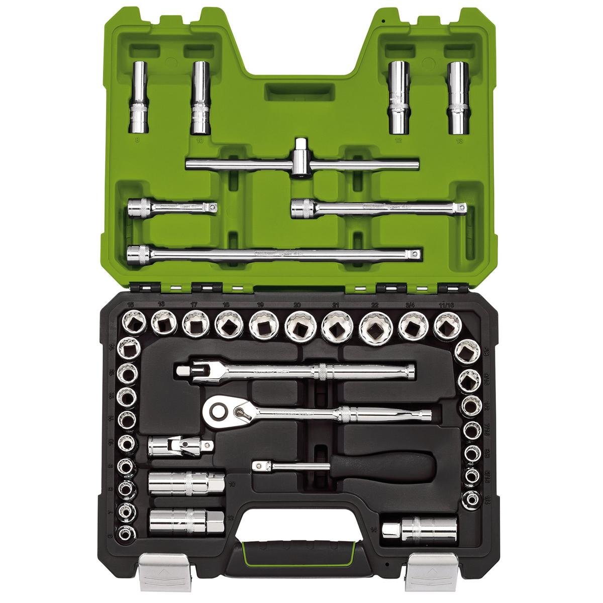 Draper Expert MM/AF Combined Socket Set, 3/8" Sq. Dr., Green (41 Piece) - Image 1