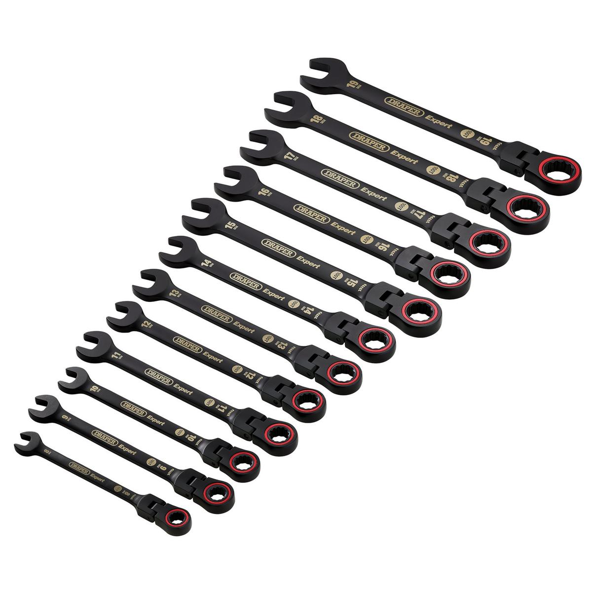 Draper Expert HI-TORQ Metric Flexible Head Ratchet Combination Spanner Set, Black (12 Piece) - Image 1
