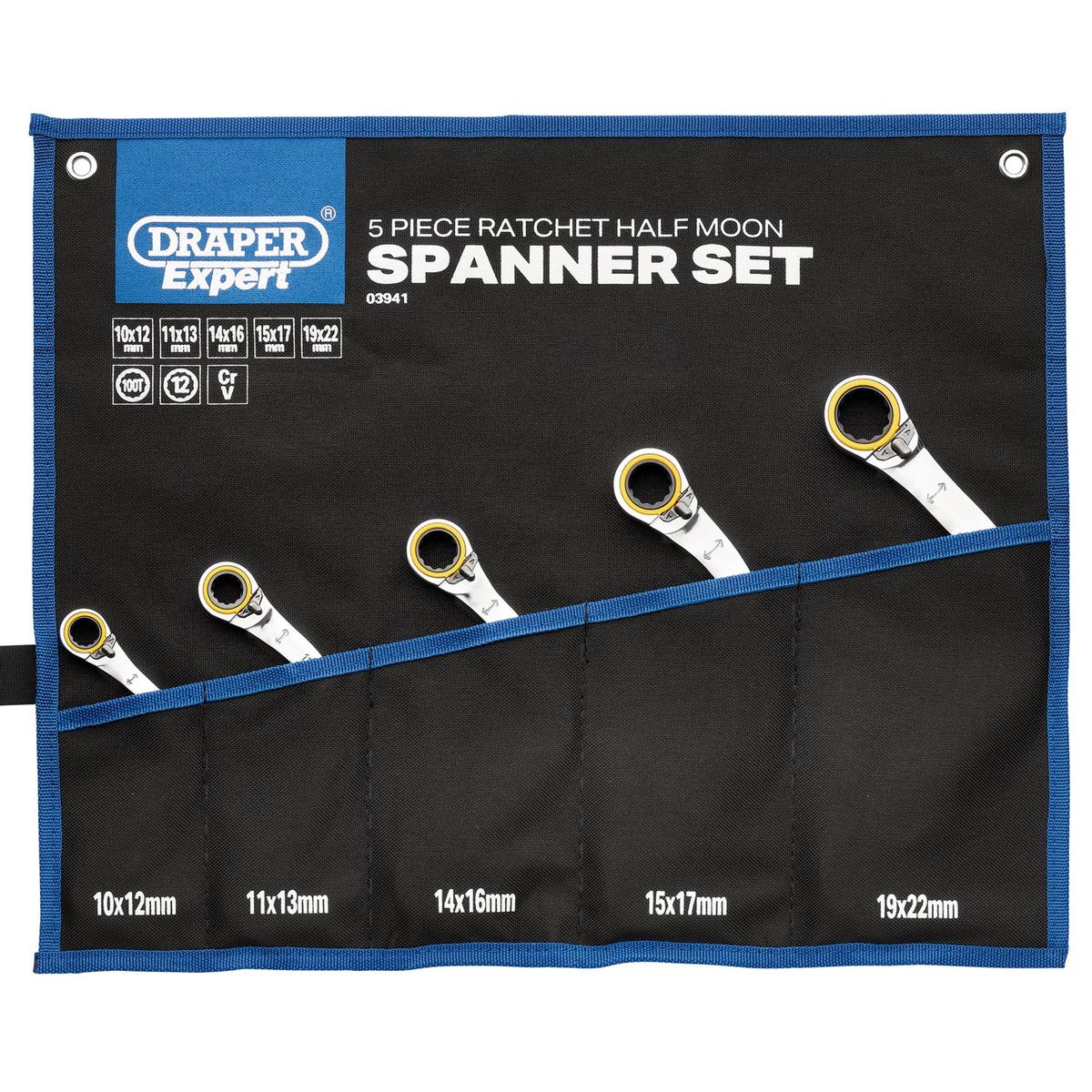Draper Expert HI-TORQ Double Ring Ratchet Half Moon Spanner Set (5 Piece) - Image 2