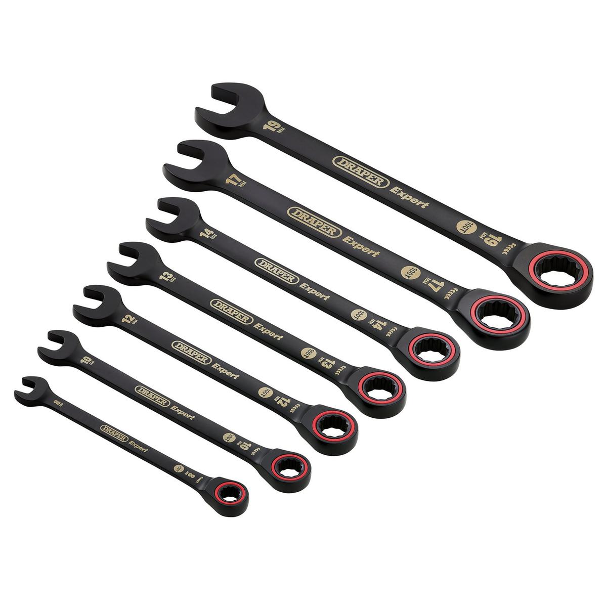 Draper Expert HI-TORQ Metric Ratchet Combination Spanner Set, Black (7 Piece) - Image 1