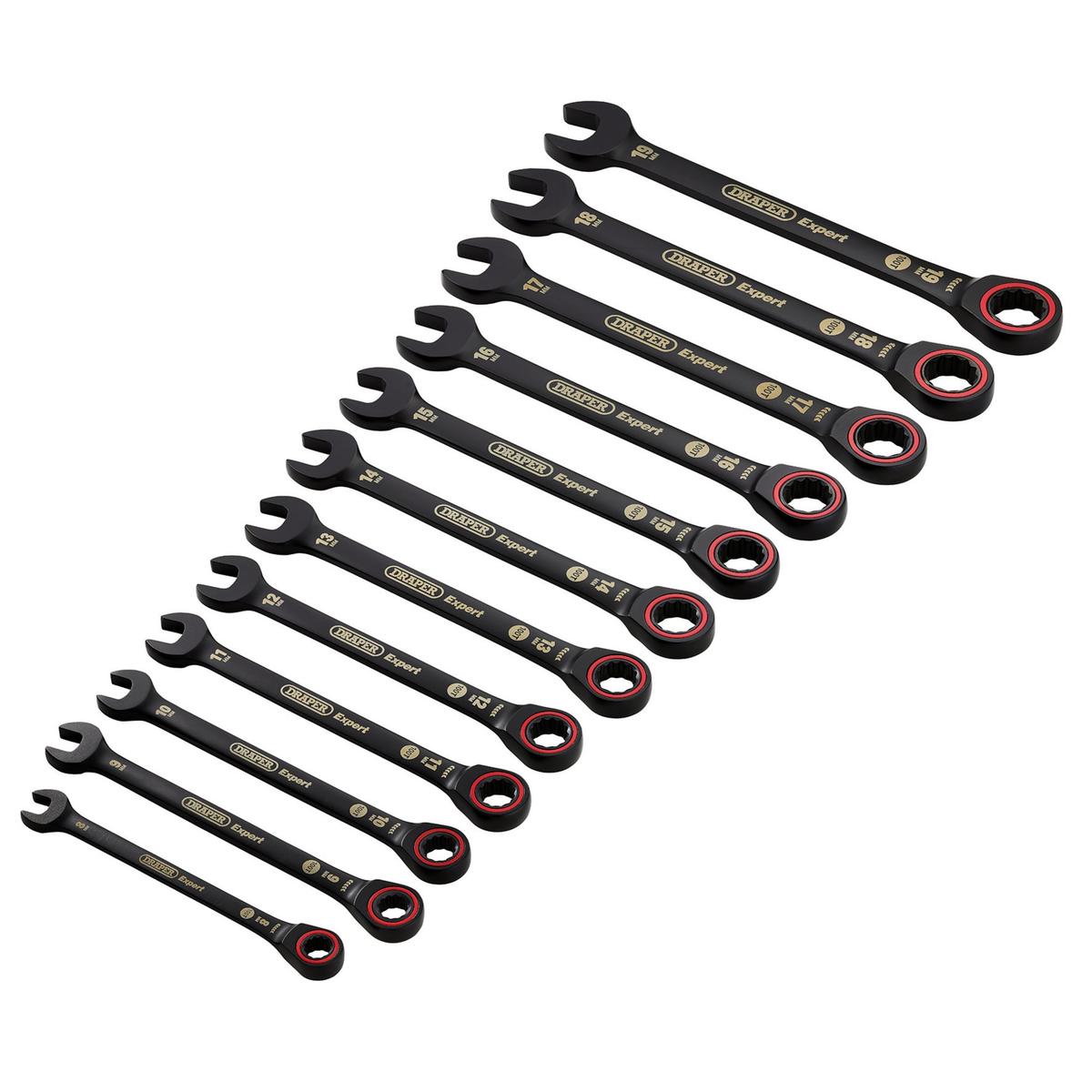 Draper Expert HI-TORQ Metric Ratchet Combination Spanner Set, Black (12 Piece) - Image 1