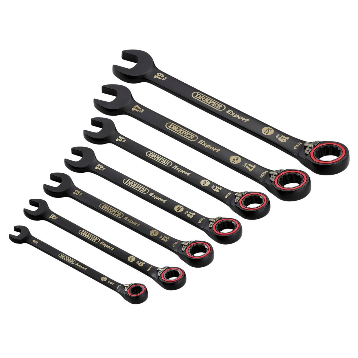 Draper Expert HI-TORQ Metric Reversible Ratchet Combination Spanner Set, Black (7 Piece) - Image 1