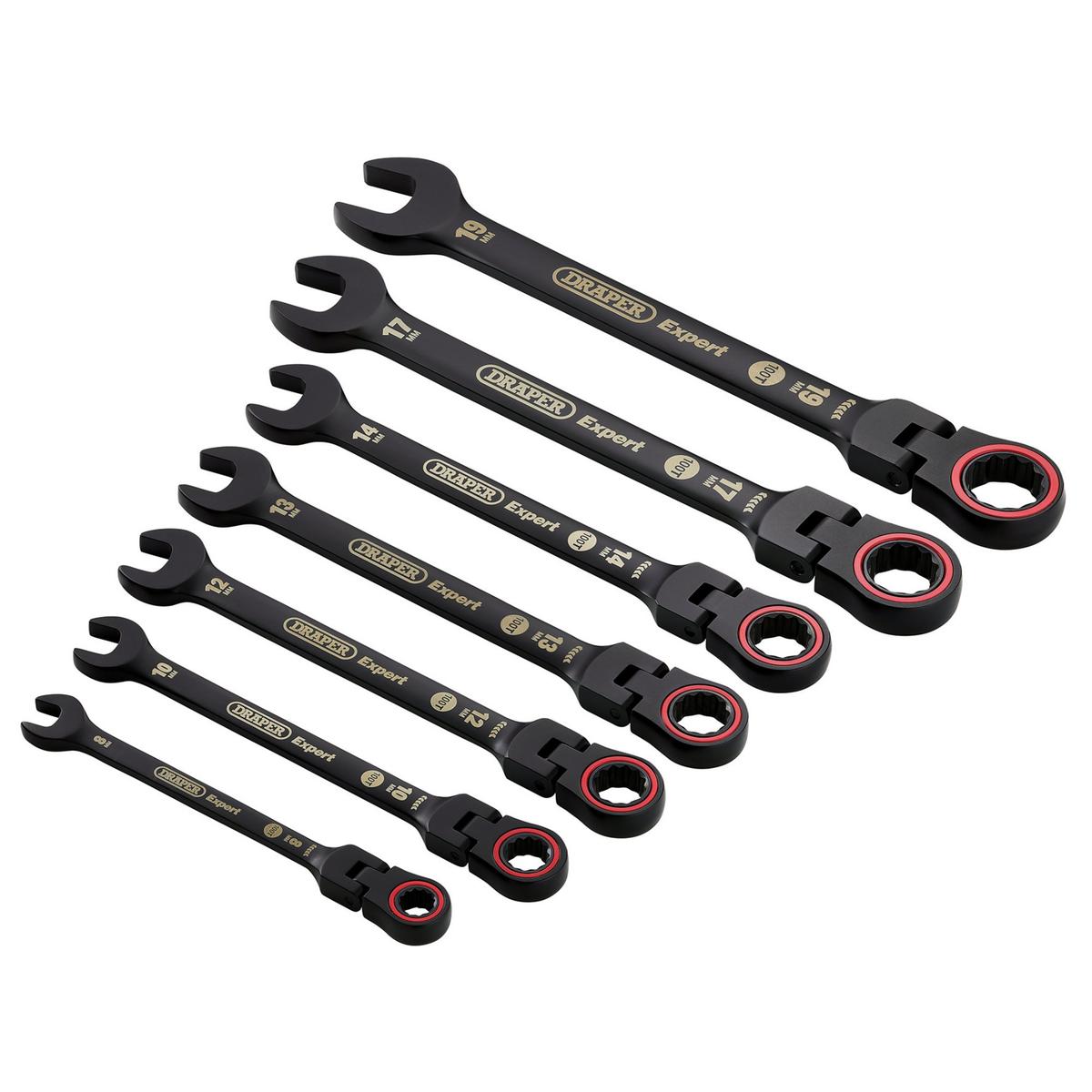 Draper Expert HI-TORQ Metric Flexible Head Ratchet Combination Spanner Set, Black (7 Piece) - Image 1