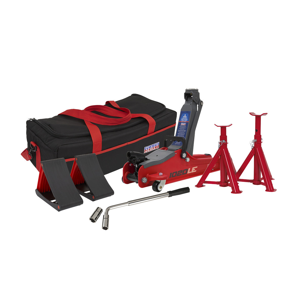 Sealey Low Entry Short Chassis Trolley Jack & Accessories Bag Combo, 2 Tonne - Red 1020LEBAGCOMBO