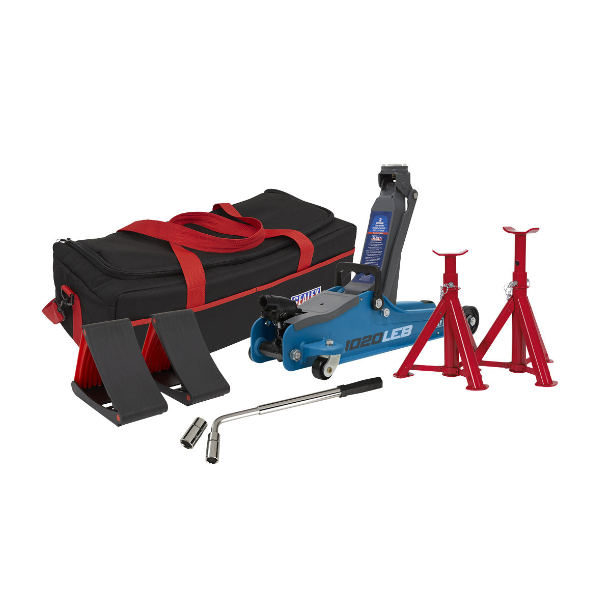 Sealey Low Profile Short Chassis Trolley Jack  2 Tonne & Accessories Bag Combo - Blue 1020LEBBAGCOMBO