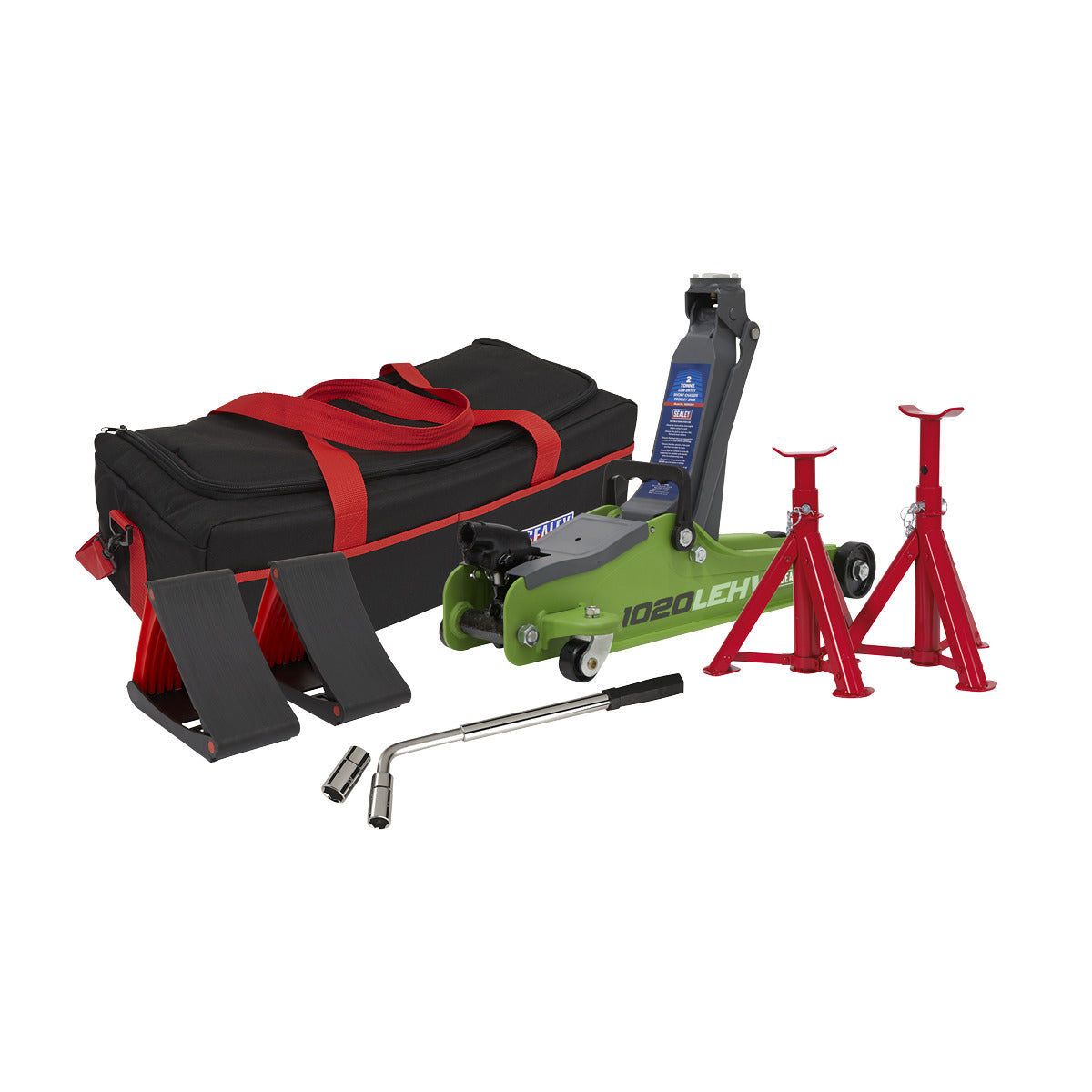 Sealey Low Entry Short Chassis Trolley Jack & Accessories Bag Combo, 2 Tonne - Green 1020LEHVBAGCOMBO