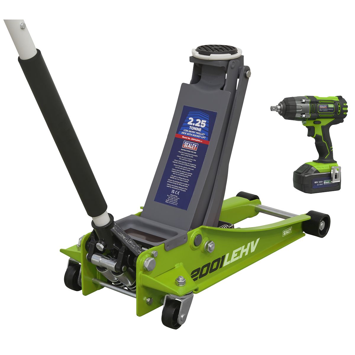 Sealey 2.2 Tonne Trolley Jack & 18V Cordless Impact Wrench - Green - Image 1