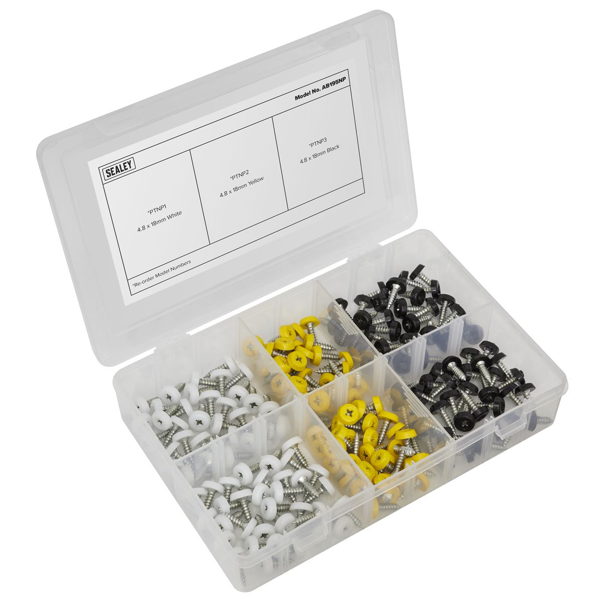 Sealey Numberplate Screw Assortment 4.8mm x 18mm 195pc - Plastic Enclosed Head - Image 1