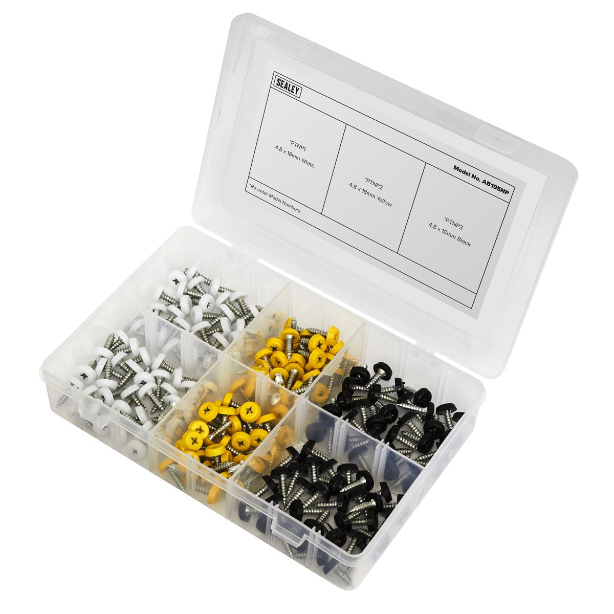 Sealey Numberplate Screw Assortment 4.8mm x 18mm 195pc - Plastic Enclosed Head - Image 9