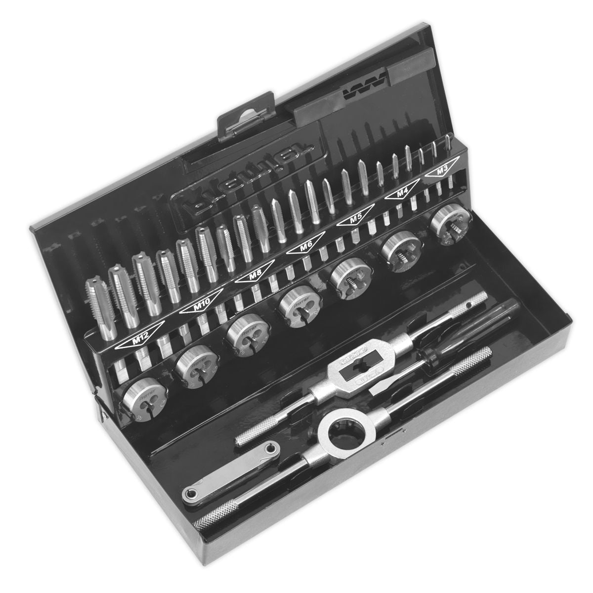Sealey Metric Tap & Die Set Split Dies 32pc - HSS 4341 - Image 1