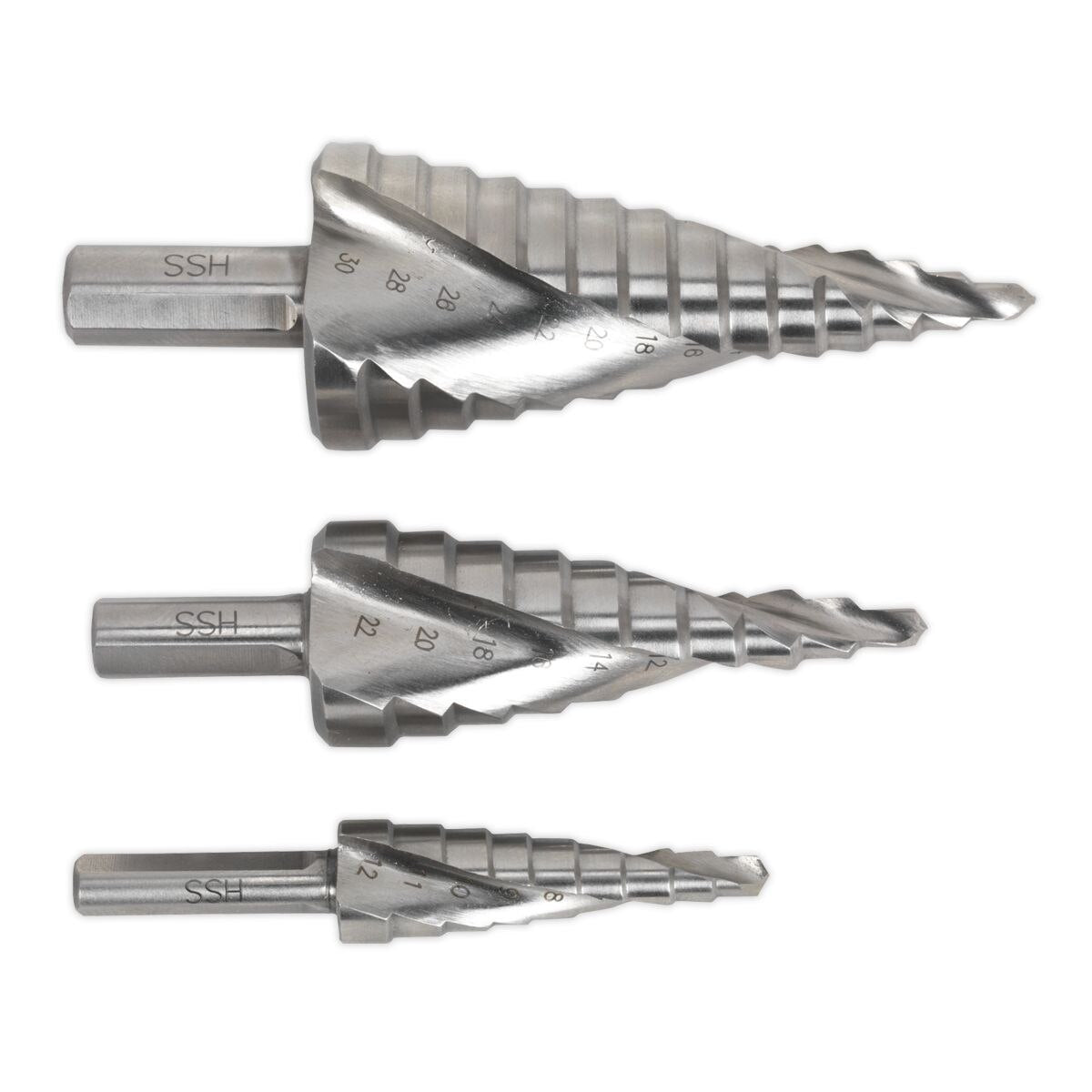 Sealey Spiral Flute HSS M2 Step Drill Bit Set 3pc - Image 2