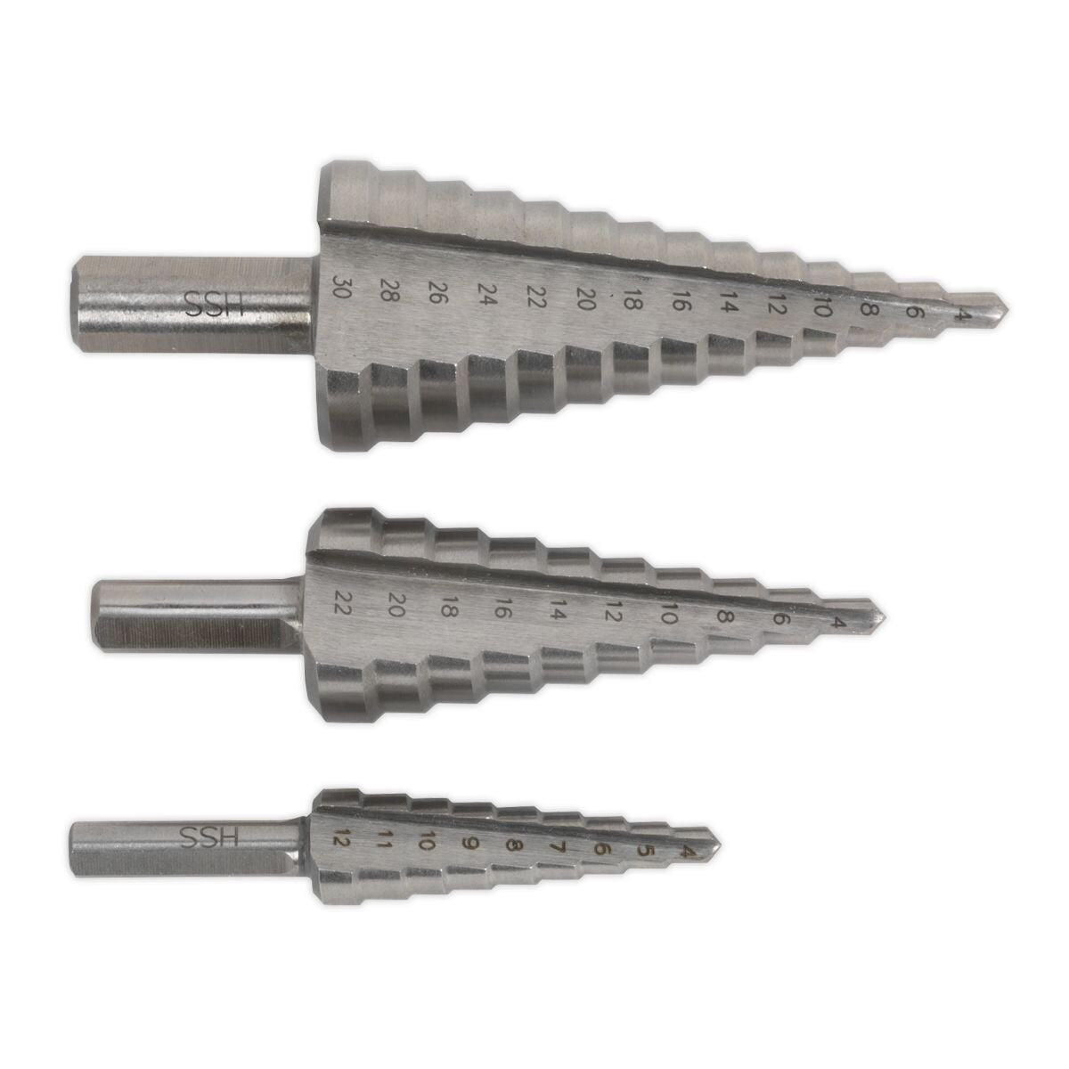 Sealey Double Flute HSS 4341 Step Drill Bit Set 3pc - Image 4
