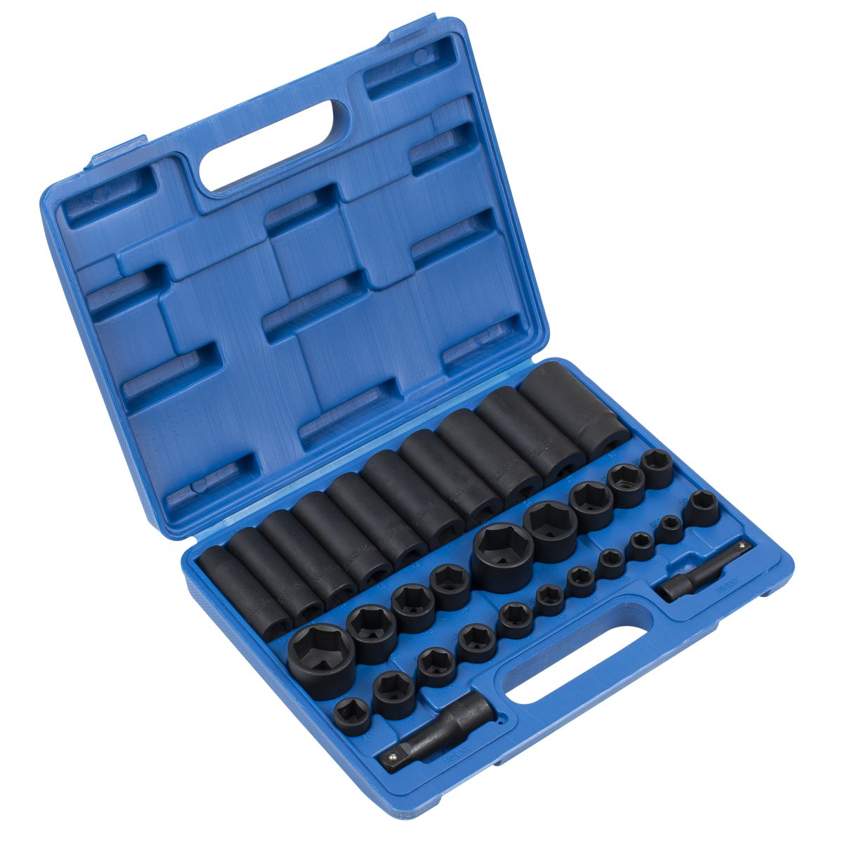 Sealey Premier Metric/Imperial Standard/Deep Impact Socket Set 3/8" & 1/2"Sq Drive 32pc - Image 1