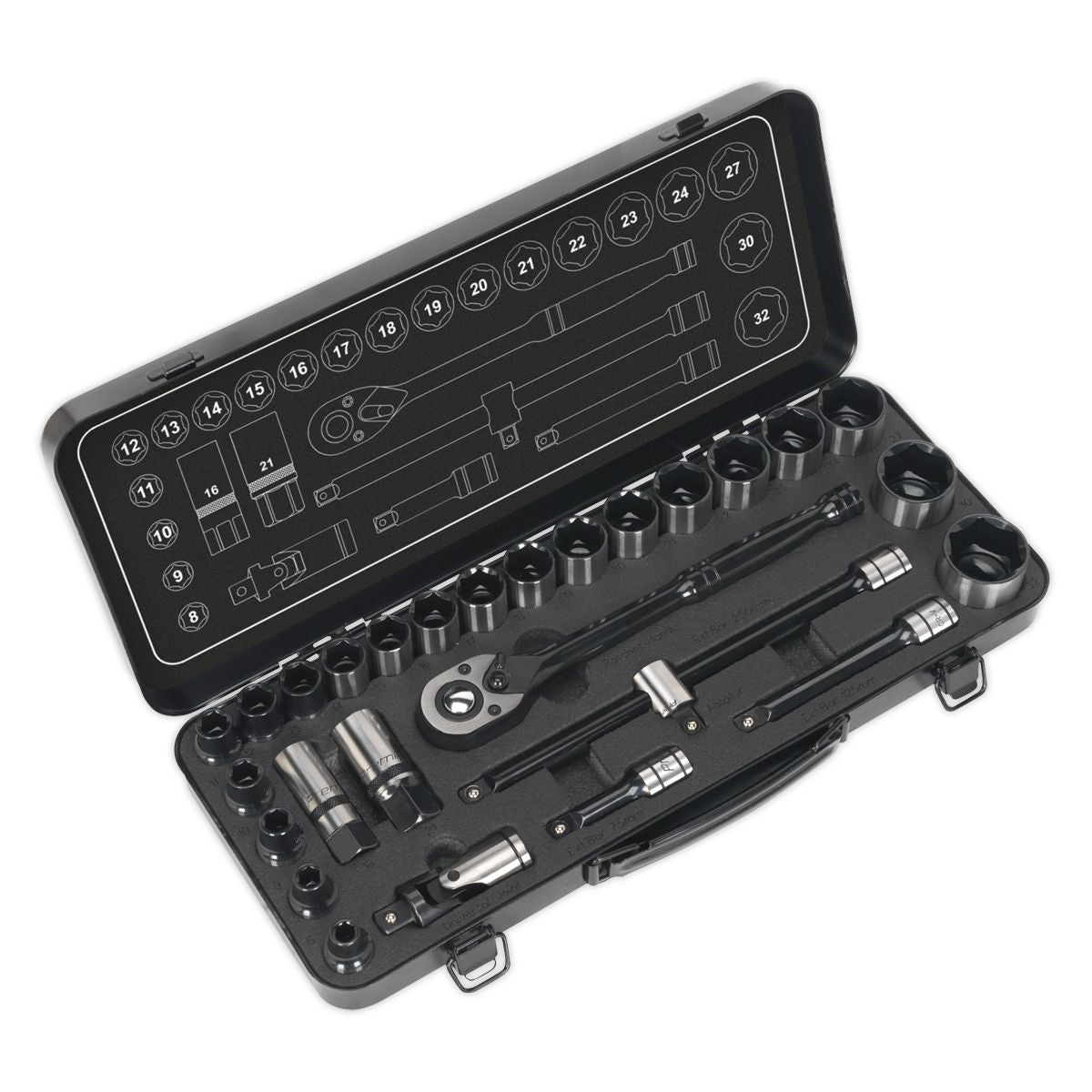Sealey Premier Black Socket Set 1/2"Sq Drive 28pc - Image 1
