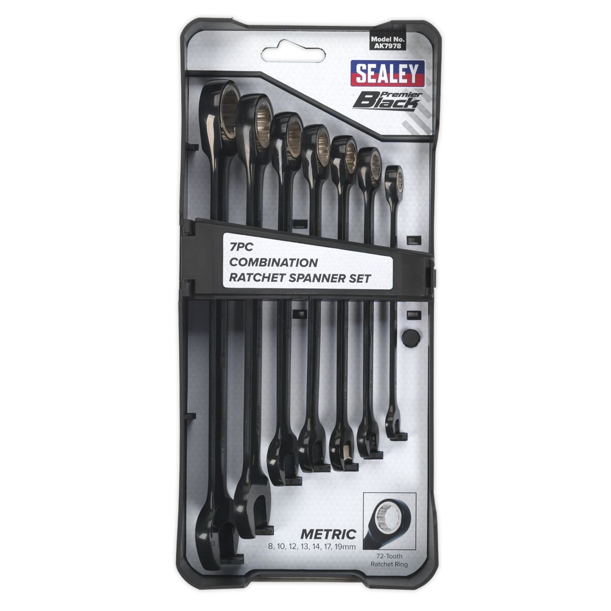 Sealey Premier Black Combination Ratchet Spanner Set 7pc - Image 3