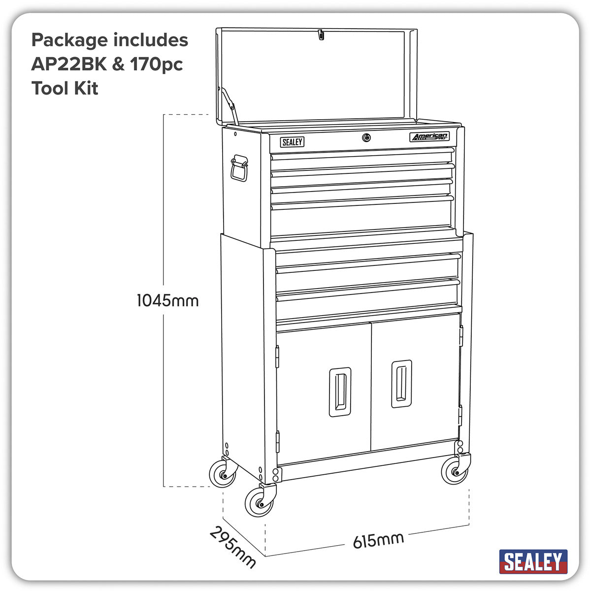 American PRO Topchest & Rollcab Combination 6 Drawer with 170pc Tool Kit - Black AP22BKCOMBO
