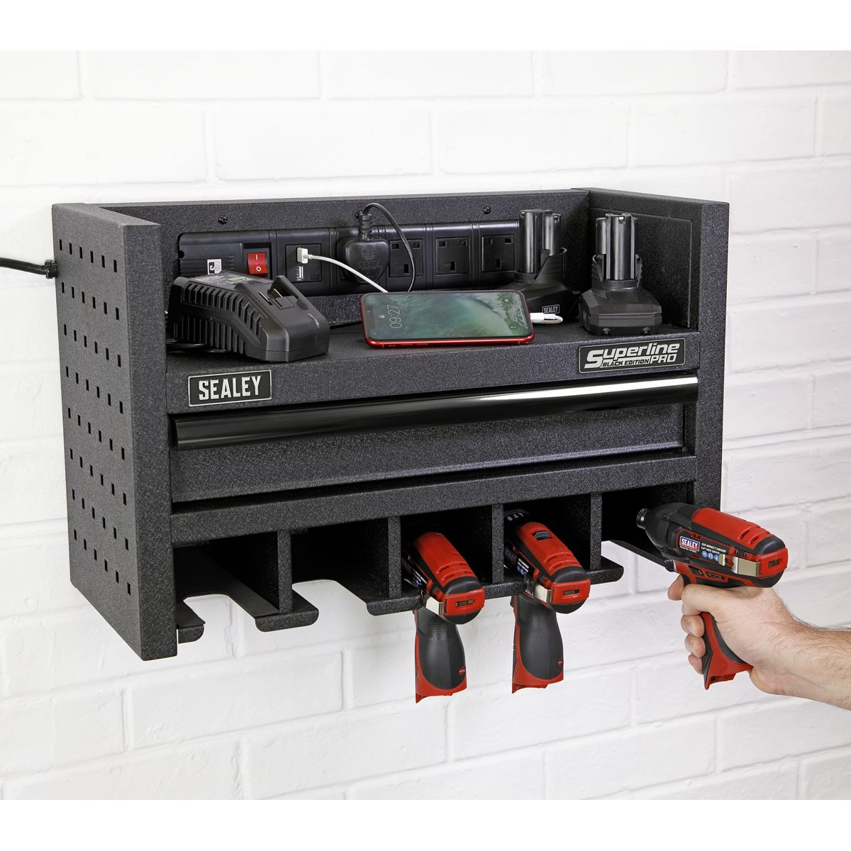 Sealey Superline PRO Power Tool Storage Rack with Drawer & Power Strip - Image 2