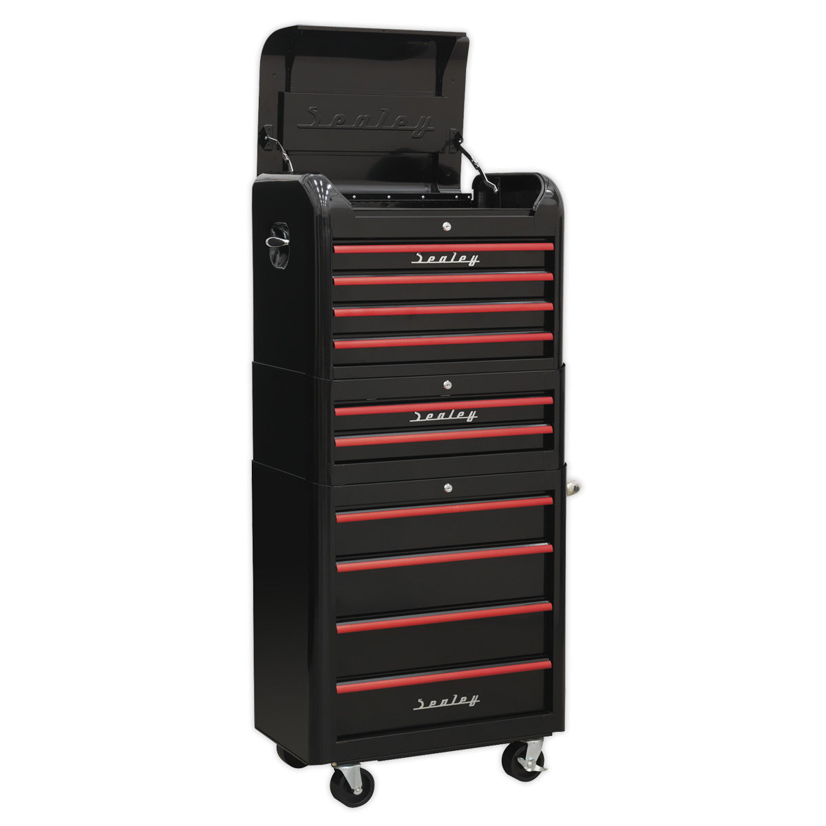 Premier Retro Style Topchest, Mid-Box Tool Chest & Rollcab Combination 10 Drawer - Black with Red Anodised Drawer Pulls AP28COMBO2BR