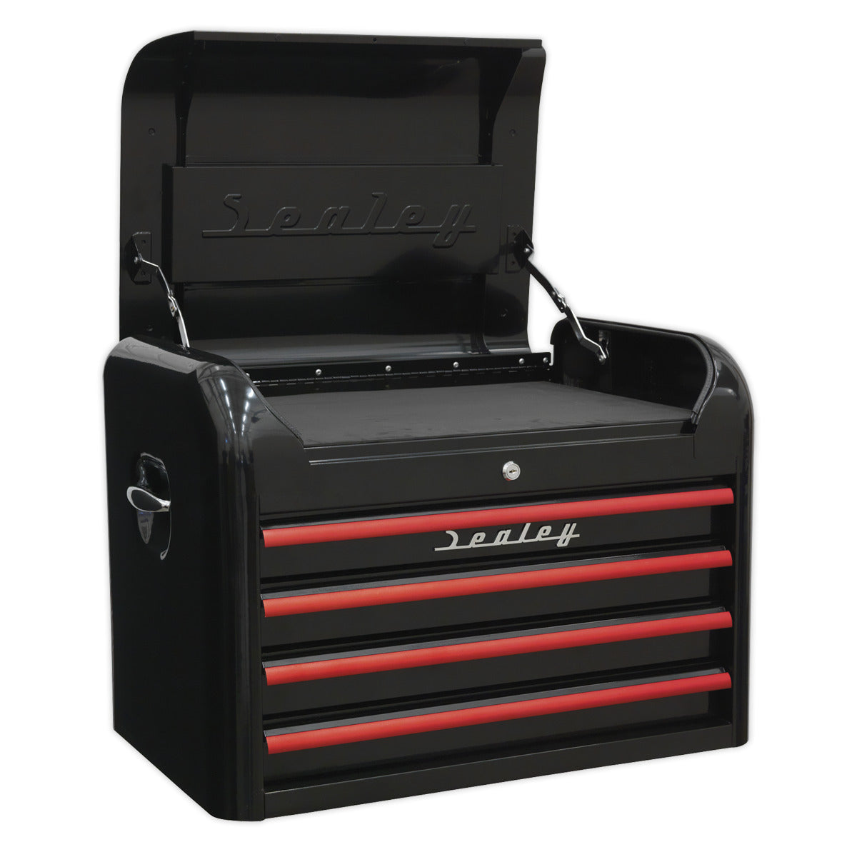 Premier Retro Style Topchest, Mid-Box Tool Chest & Rollcab Combination 10 Drawer - Black with Red Anodised Drawer Pulls AP28COMBO2BR