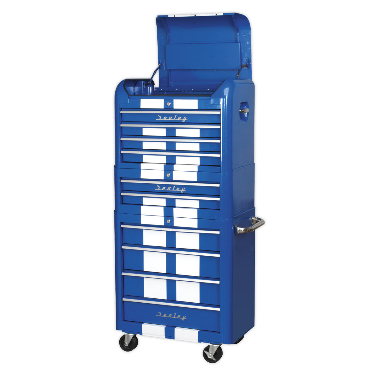 Premier Retro Style Topchest, Mid-Box Tool Chest & Rollcab Combination 10 Drawer - Blue with White Stripes AP28COMBO2BWS