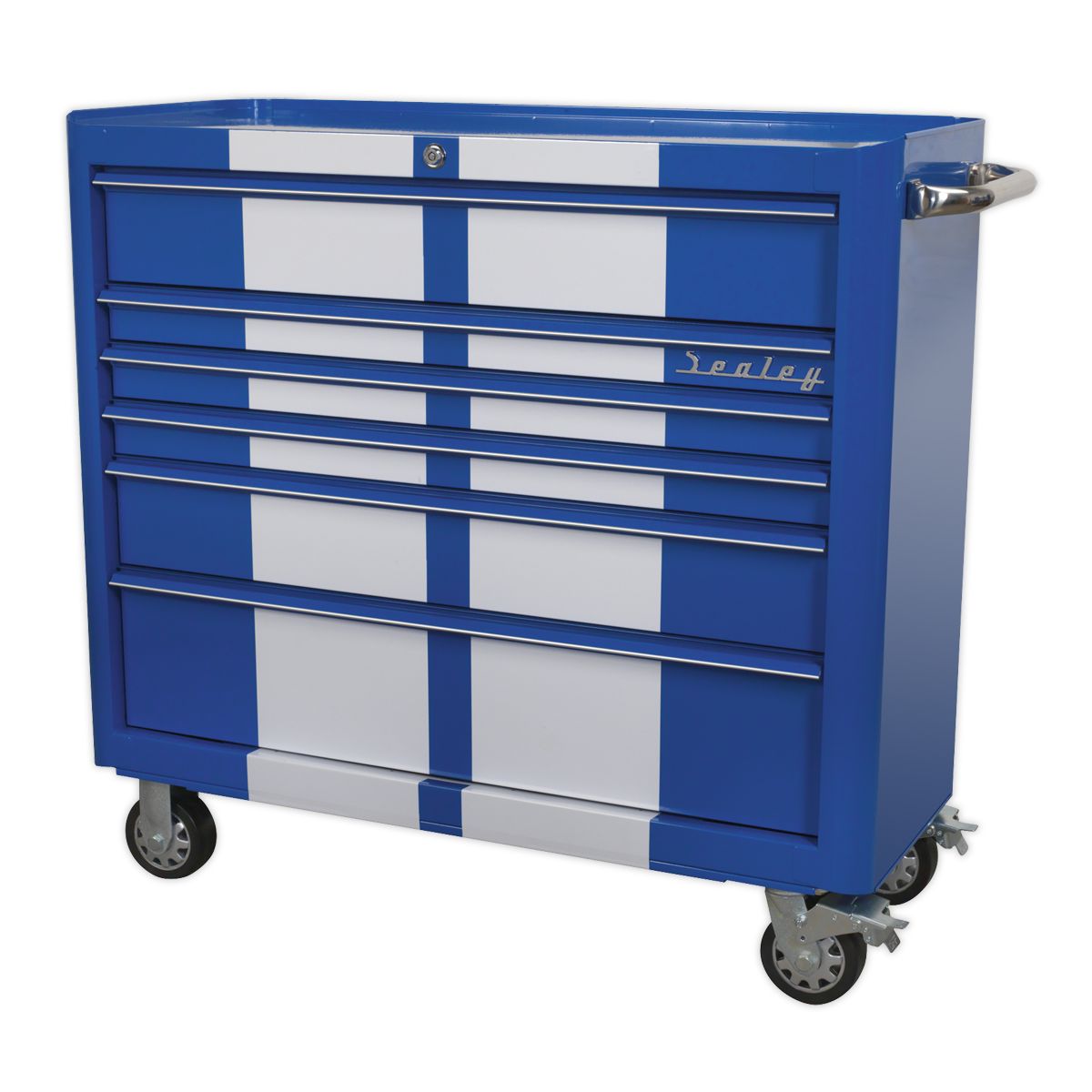 Sealey Premier Retro Style Wide Rollcab 6 Drawer - Blue with White Stripes - Image 3