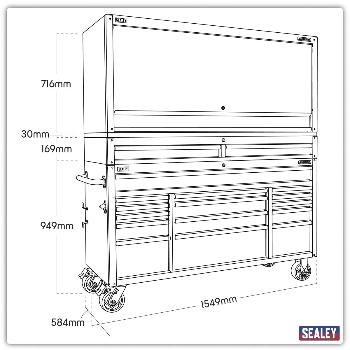 Superline PRO Black Edition Mobile Trolley with Wooden Worktop, Hutch & 2 Drawer Riser 15 Drawer 1549mm AP6115BECOMBO1