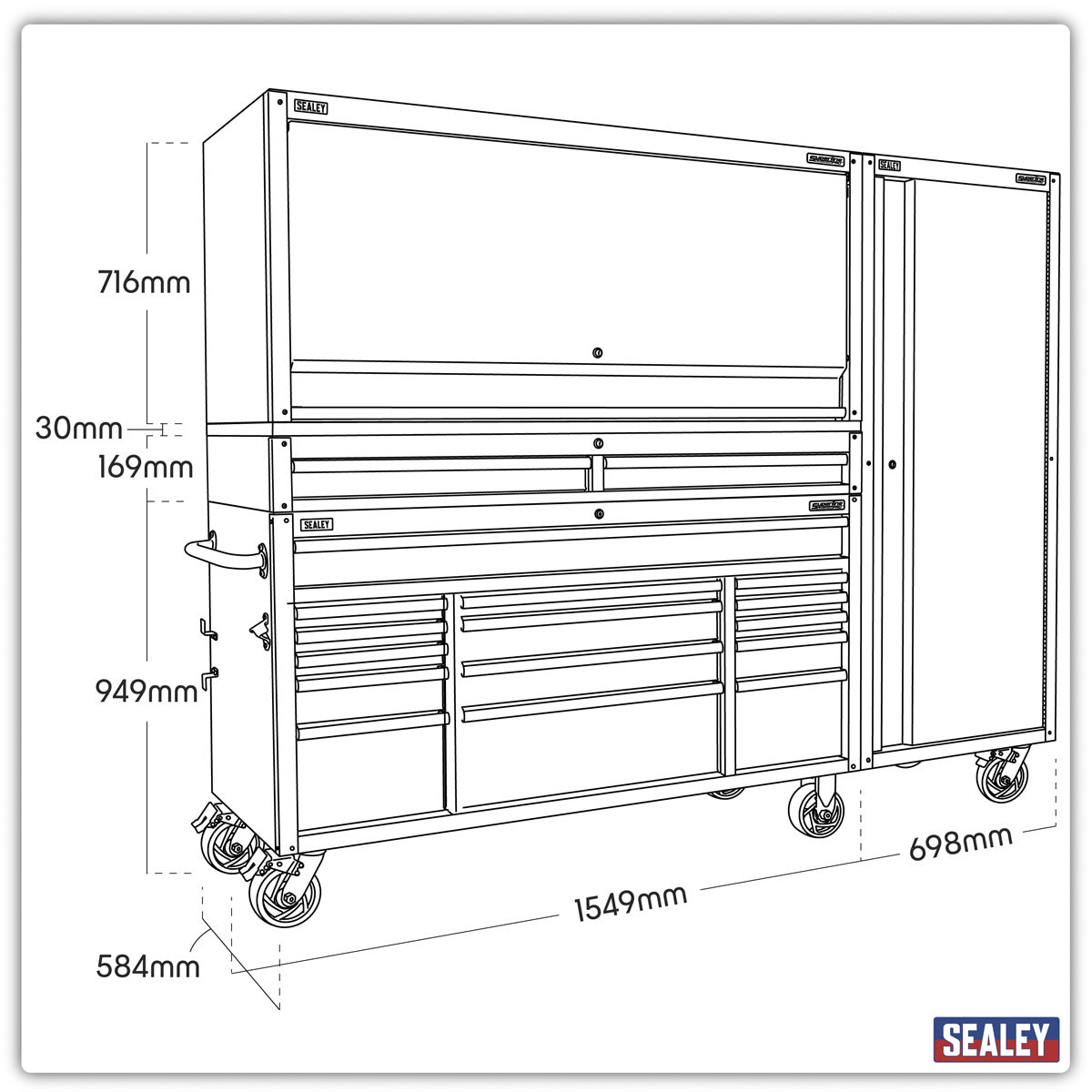 Superline PRO Black Edition Mobile Trolley with Wooden Worktop, Hutch, 2 Drawer Riser & Side Locker 15 Drawer 1549mm AP6115BECOMBO2