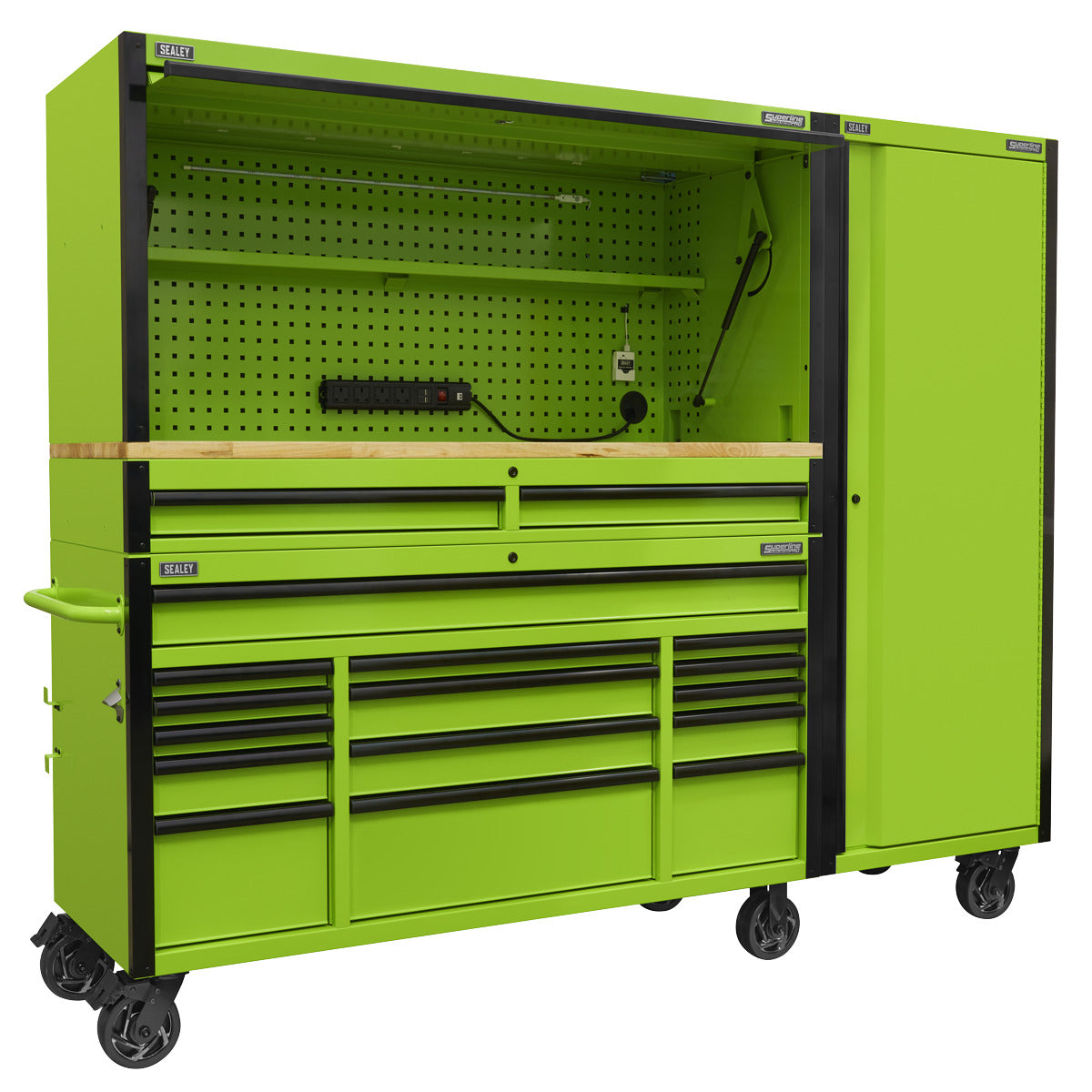 Superline PRO Black Edition Mobile Trolley with Wooden Worktop, Hutch, 2 Drawer Riser & Side Locker 15 Drawer 1549mm AP6115BECOMBO2